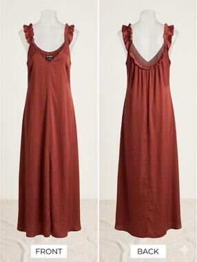 🍷 Y2K Express Rust Satin Ruffle Strap Slip Dress Cocktail Size L 11-19 🍷